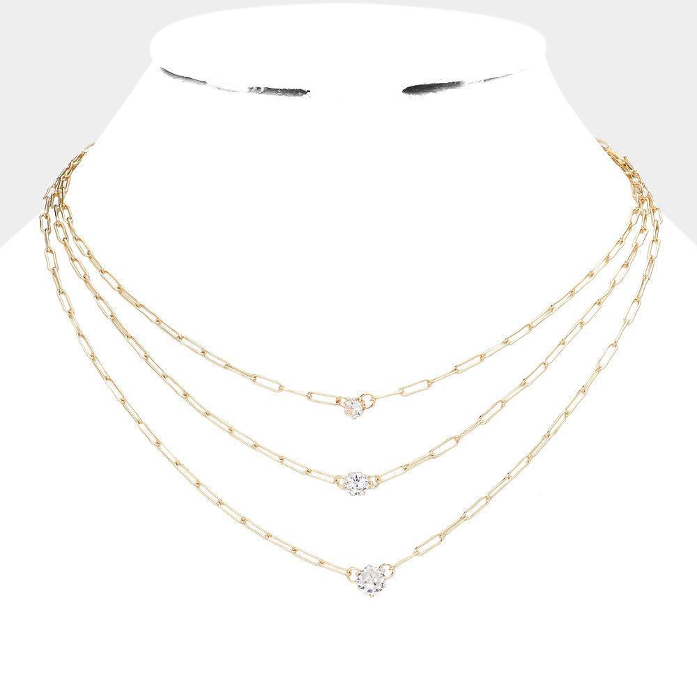 Gold Rhinestone Bezel Pendant Chain Layered Necklace - Jewelry Store by Erik Rayo