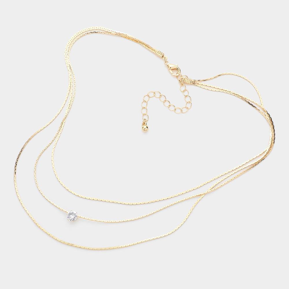 Gold Round Stone Accented Metal Chain Triple Layered Bib Necklace - Jewelry Store by Erik Rayo