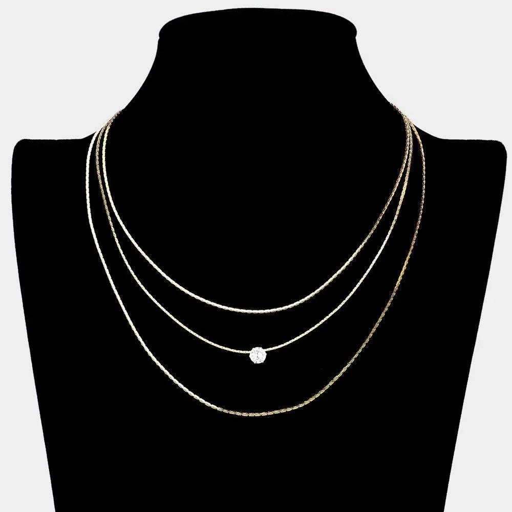 Gold Round Stone Accented Metal Chain Triple Layered Bib Necklace - Jewelry Store by Erik Rayo