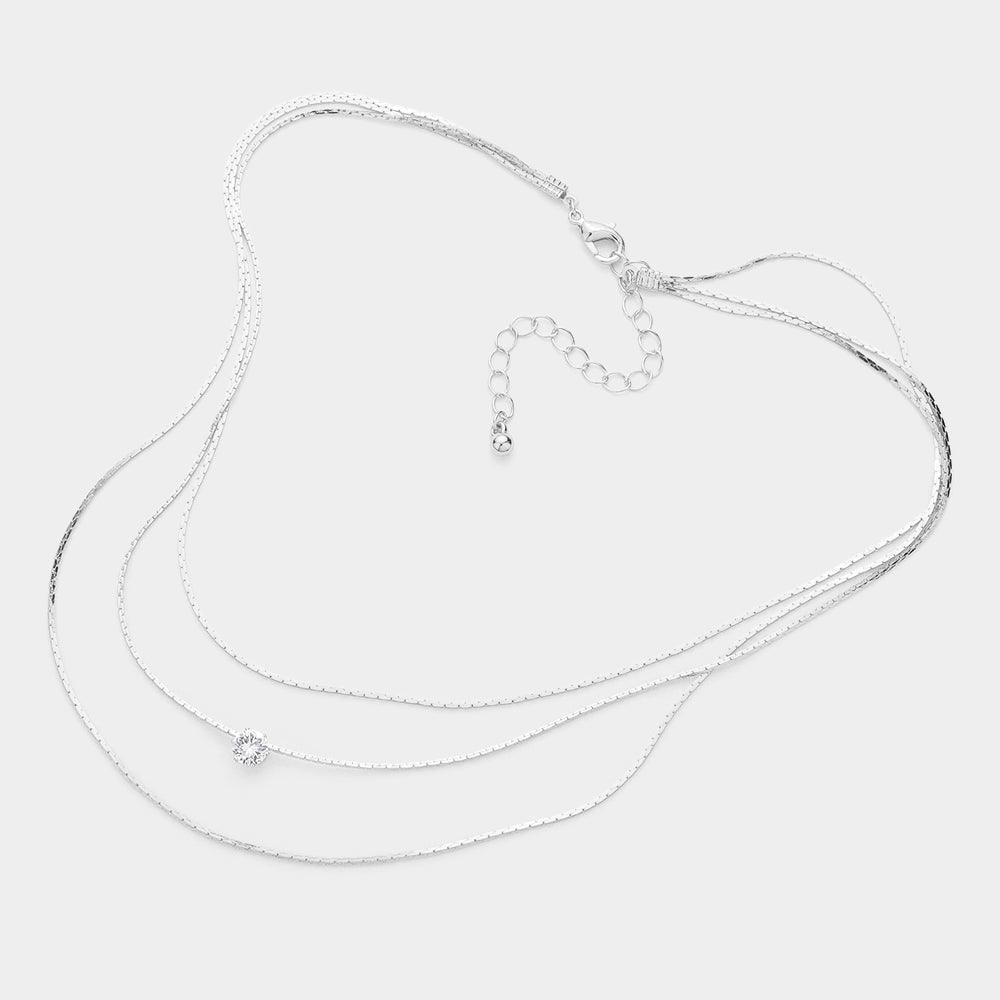 Round Stone Accented Metal Chain Triple Layered Bib Necklace - Jewelry Store by Erik Rayo