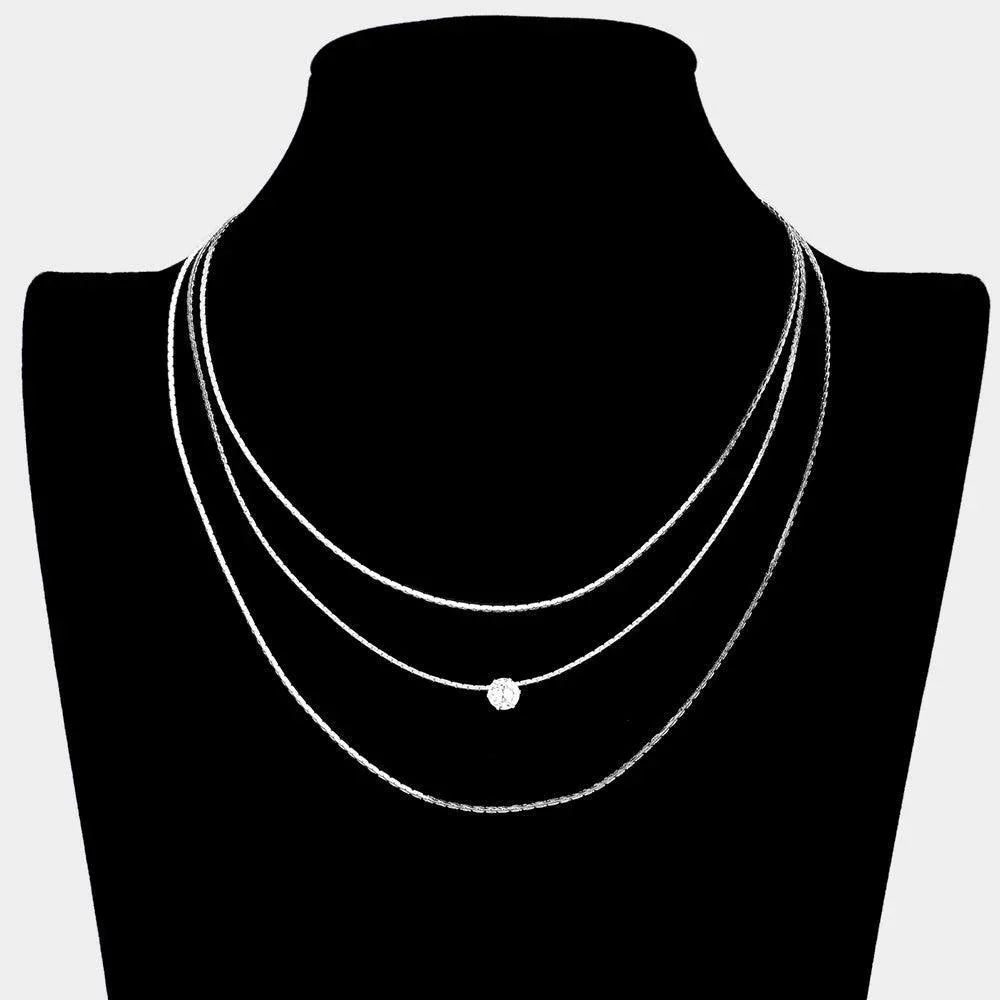 Round Stone Accented Metal Chain Triple Layered Bib Necklace - Jewelry Store by Erik Rayo