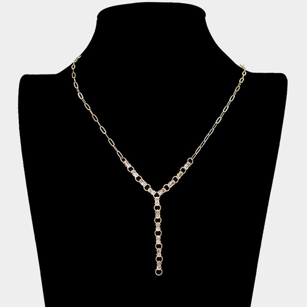 Gold Baguette Stone Link Y Necklace