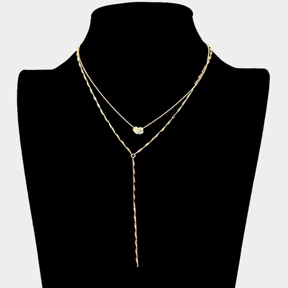 Gold Stone Heart Accented Double Layered Y Necklace