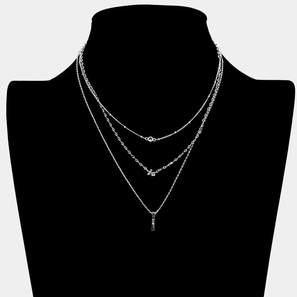 Round Baguette Square Stone Pendant Triple Layered Necklace - Jewelry Store by Erik Rayo