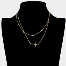 Load image into Gallery viewer, Gold Round Stone Station Cross Pendant Double Layered Necklace
