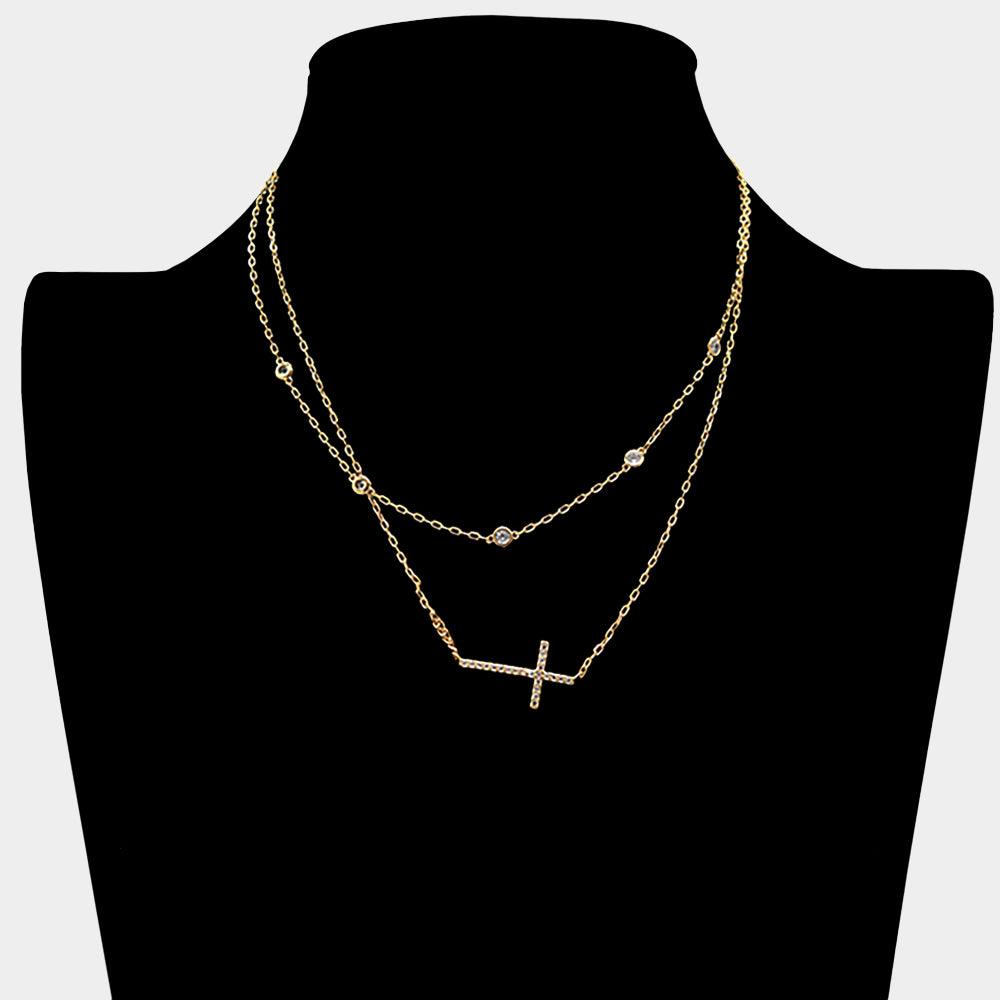 Gold Round Stone Station Cross Pendant Double Layered Necklace