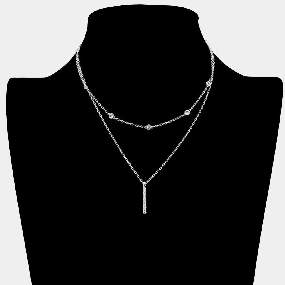 Round Stone Station Rhinestone Bar Pendant Double Layered Necklace - Jewelry Store by Erik Rayo