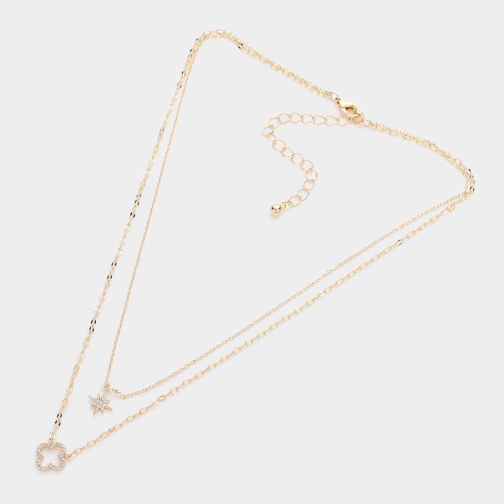 Gold Rhinestone North Star Quatrefoil Pendant Double Layered Necklace - Jewelry Store by Erik Rayo