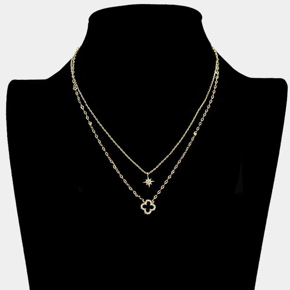 Gold Rhinestone North Star Quatrefoil Pendant Double Layered Necklace - Jewelry Store by Erik Rayo
