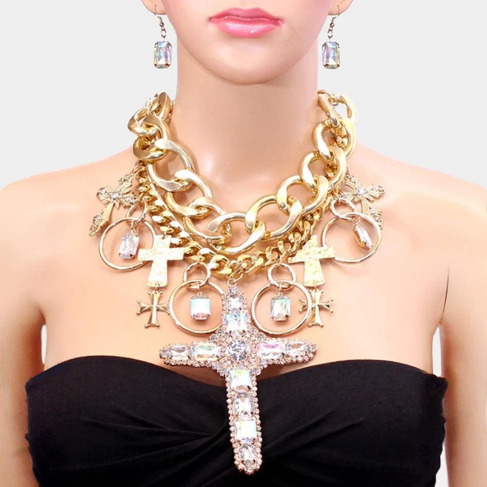 Gold Stone Embellished Cross Pendant Statement Necklace - Jewelry Store by Erik Rayo