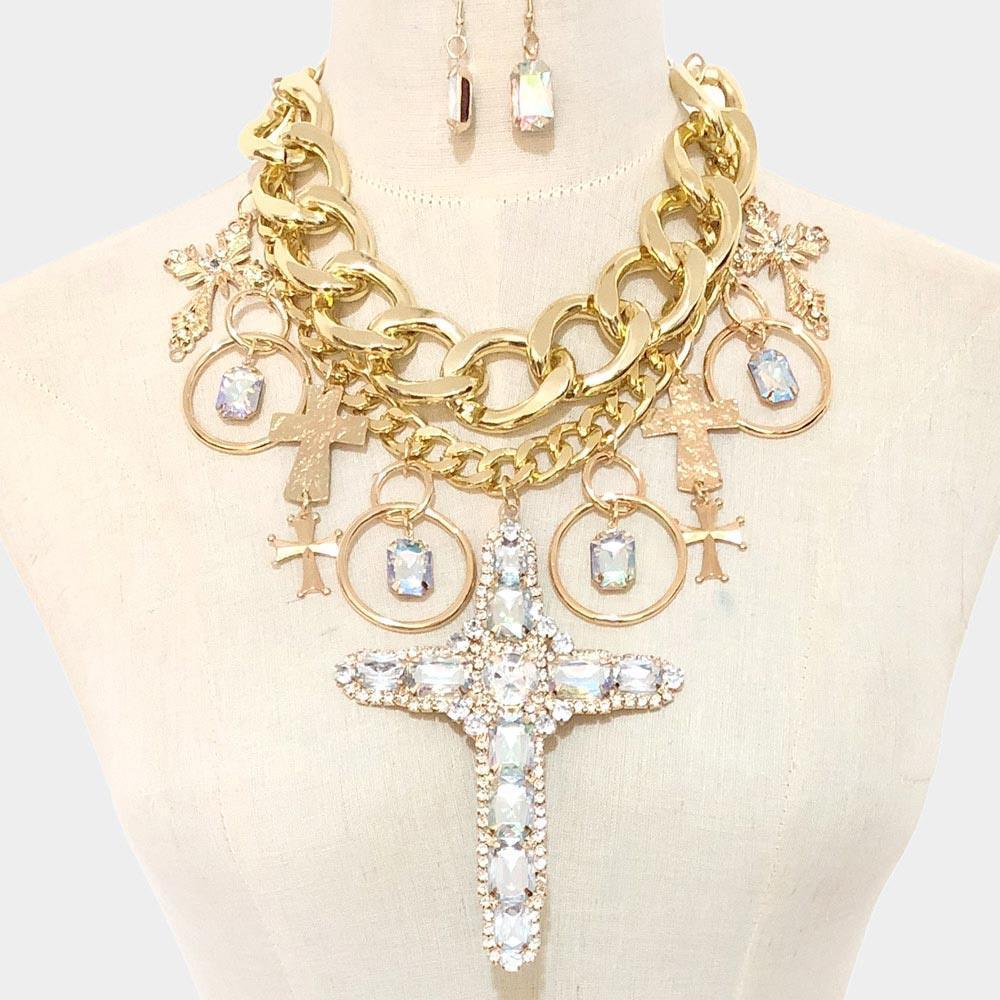 Gold Stone Embellished Cross Pendant Statement Necklace - Jewelry Store by Erik Rayo