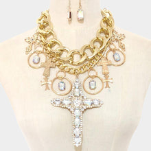 Load image into Gallery viewer, Gold Stone Embellished Cross Pendant Statement Necklace
