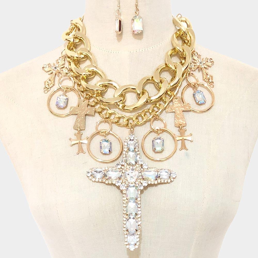 Gold Stone Embellished Cross Pendant Statement Necklace