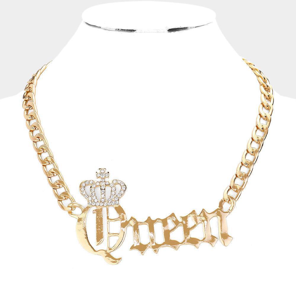 Gold Stone Paved Crown QUEEN Message Metal Plate Chain Necklace - Jewelry Store by Erik Rayo
