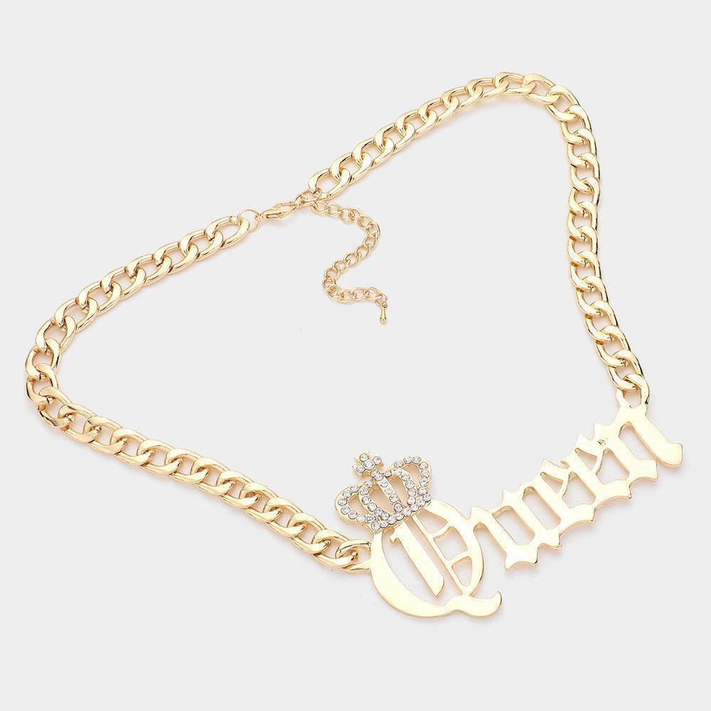 Gold Stone Paved Crown QUEEN Message Metal Plate Chain Necklace - Jewelry Store by Erik Rayo