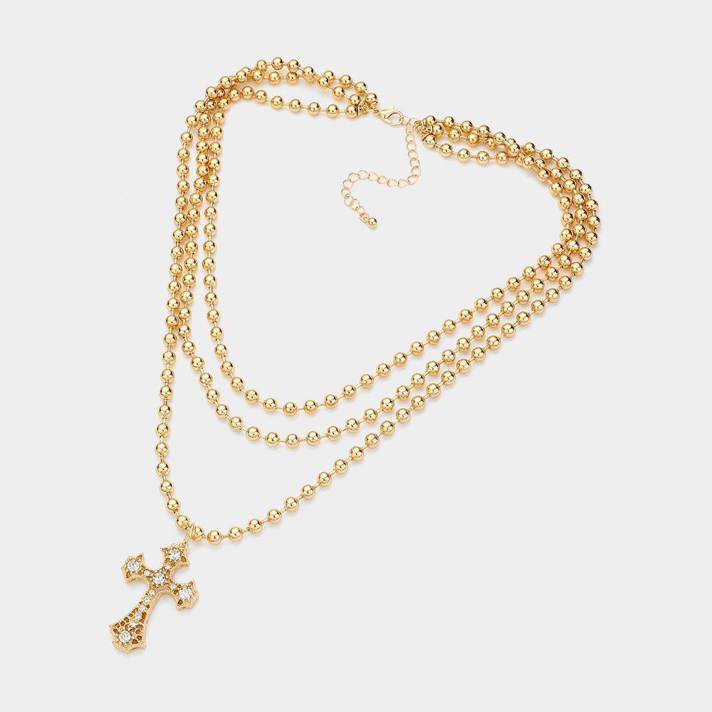 Gold Stone Pointed Cross Pendant Bubble Chain Triple Layered Necklace - Jewelry Store by Erik Rayo
