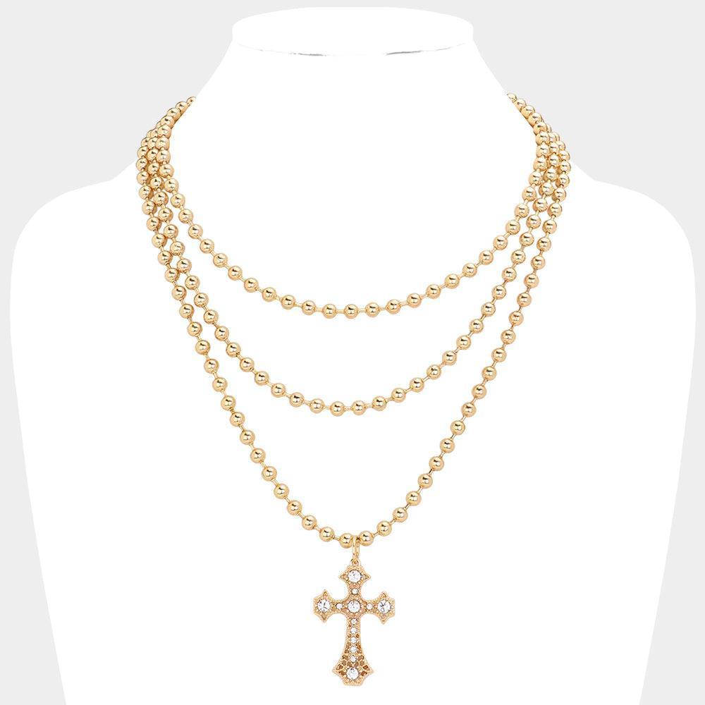 Gold Stone Pointed Cross Pendant Bubble Chain Triple Layered Necklace - Jewelry Store by Erik Rayo