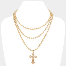 Load image into Gallery viewer, Gold Stone Pointed Cross Pendant Bubble Chain Triple Layered Necklace
