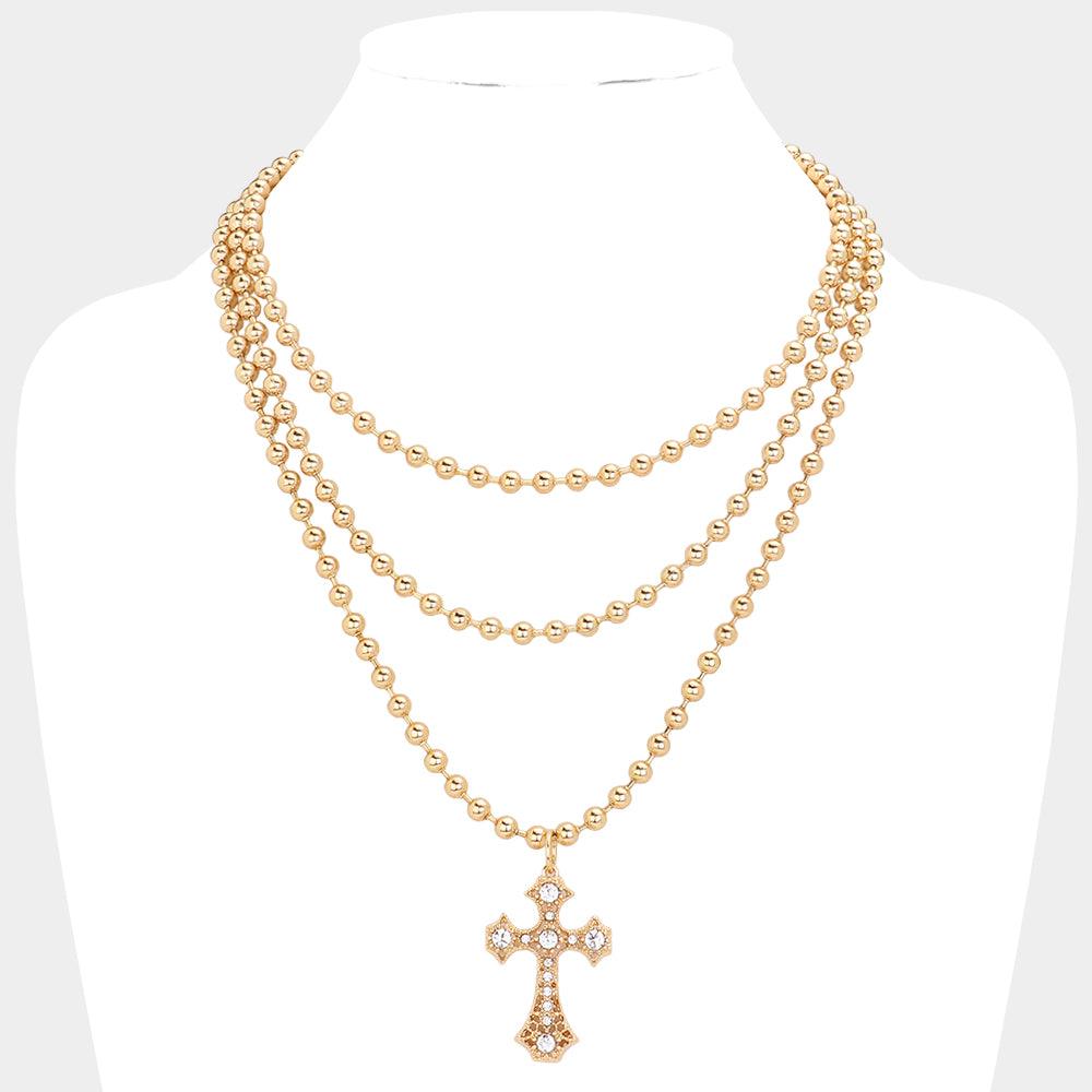 Gold Stone Pointed Cross Pendant Bubble Chain Triple Layered Necklace