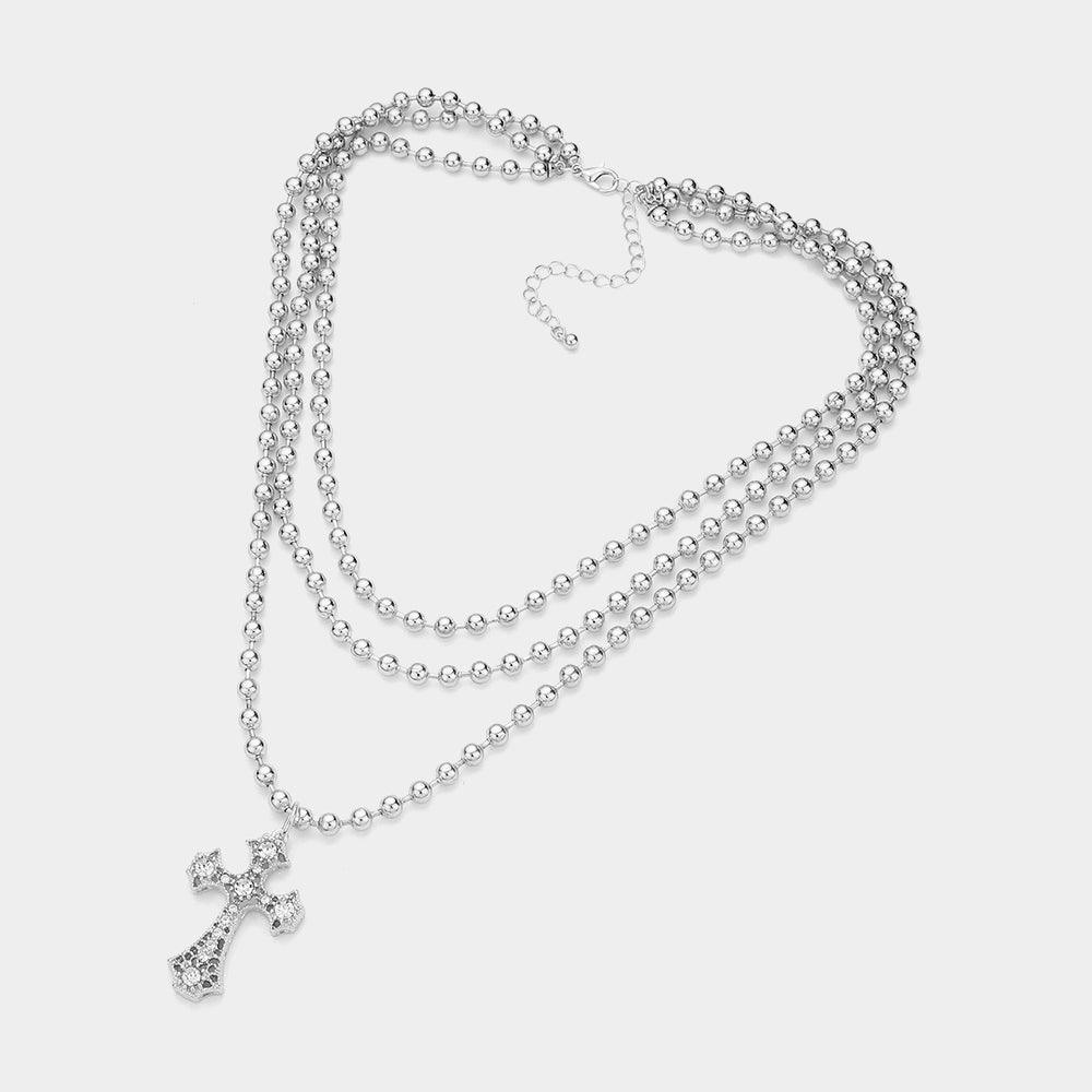 Stone Pointed Cross Pendant Bubble Chain Triple Layered Necklace - Jewelry Store by Erik Rayo
