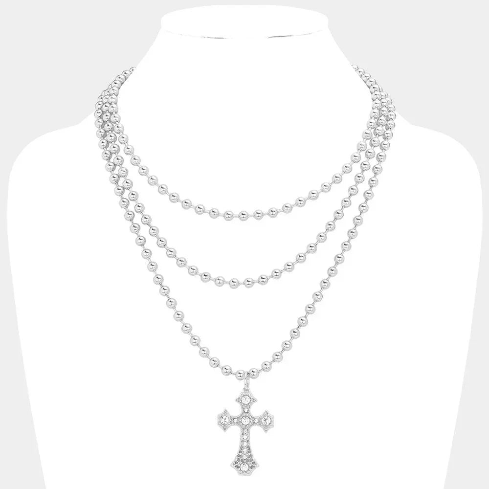 Stone Pointed Cross Pendant Bubble Chain Triple Layered Necklace - Jewelry Store by Erik Rayo