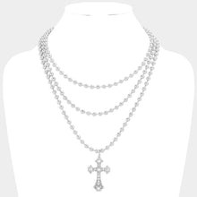 Load image into Gallery viewer, Stone Pointed Cross Pendant Bubble Chain Triple Layered Necklace
