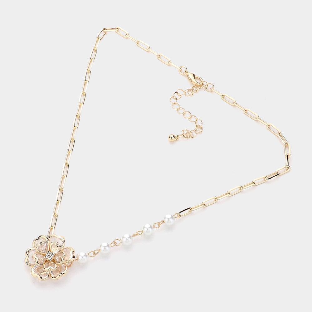 Gold Pearl Pointed Clear Flower Pendant Necklace - Jewelry Store by Erik Rayo