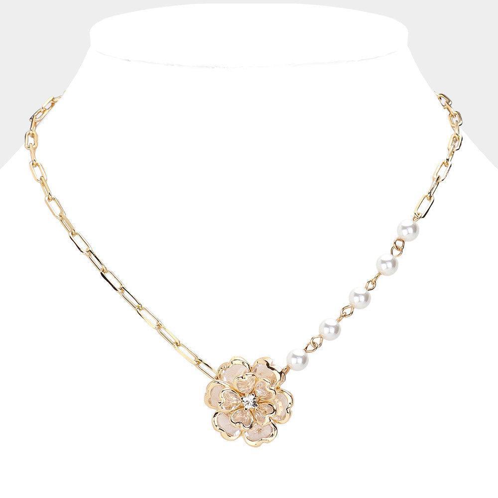 Gold Pearl Pointed Clear Flower Pendant Necklace - Jewelry Store by Erik Rayo