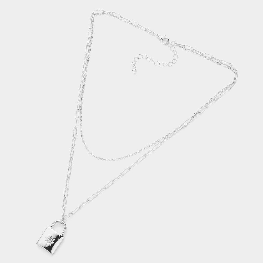 Silver Rhinestone Embellished North Star Pointed Metal Lock Pendant Double Layered Necklace - Jewelry Store by Erik Rayo
