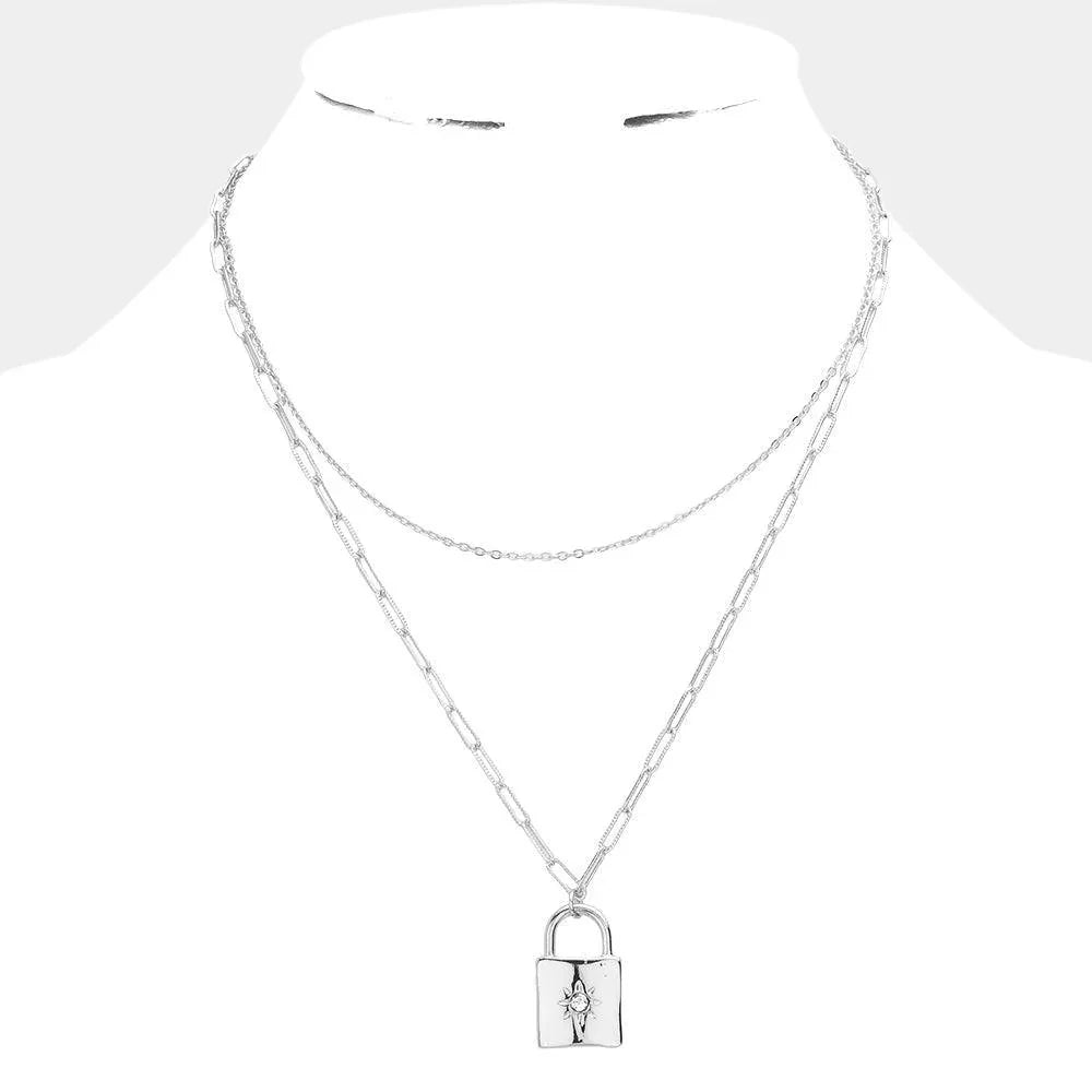 Silver Rhinestone Embellished North Star Pointed Metal Lock Pendant Double Layered Necklace - Jewelry Store by Erik Rayo
