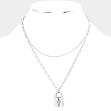 Load image into Gallery viewer, Silver Rhinestone Embellished North Star Pointed Metal Lock Pendant Double Layered Necklace
