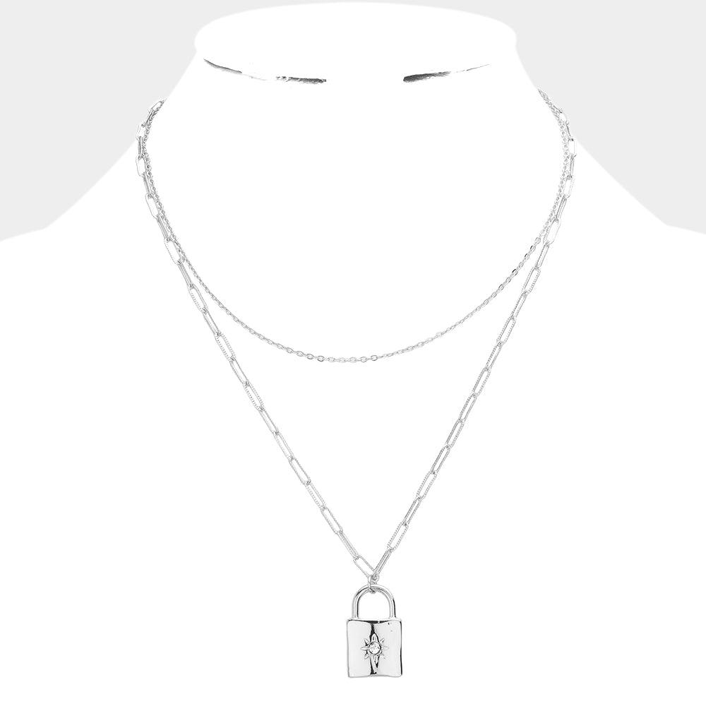 Silver Rhinestone Embellished North Star Pointed Metal Lock Pendant Double Layered Necklace