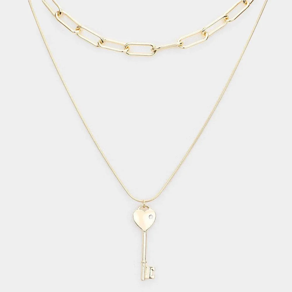 Gold Stone Embellished Heart Key Pendant Double Layered Necklace - Jewelry Store by Erik Rayo