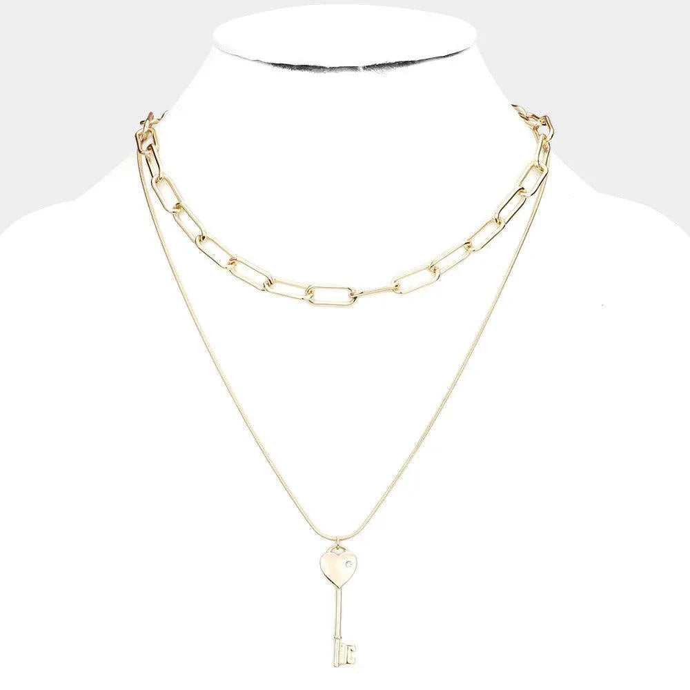 Gold Stone Embellished Heart Key Pendant Double Layered Necklace - Jewelry Store by Erik Rayo