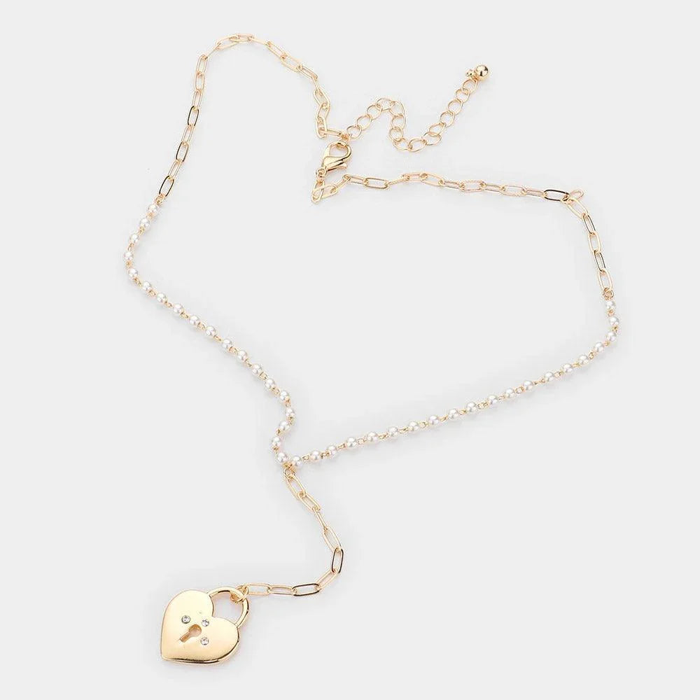 Gold Rhinestone Embellished Metal Heart Lock Pendant Y Necklace - Jewelry Store by Erik Rayo