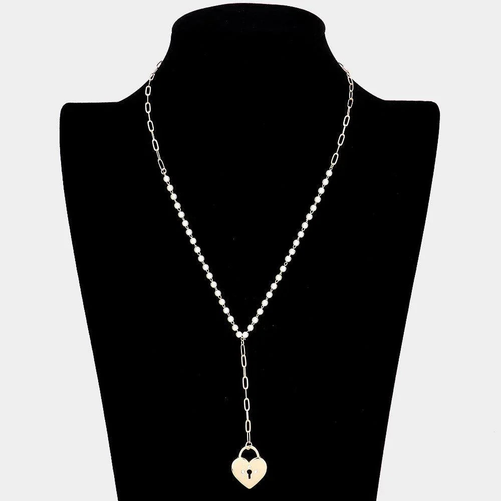 Gold Rhinestone Embellished Metal Heart Lock Pendant Y Necklace - Jewelry Store by Erik Rayo