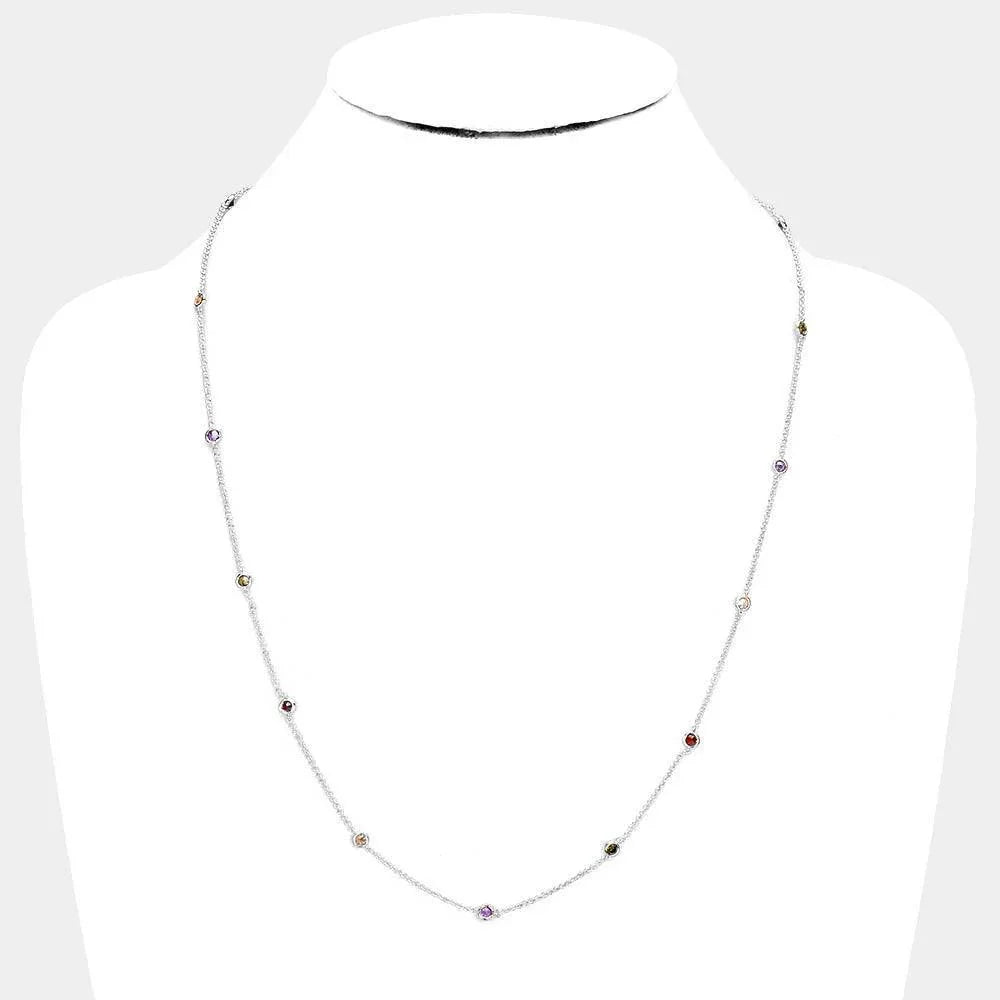 Gold White Gold Dipped Brass Metal Colorful Round CZ Station Necklace - Jewelry Store by Erik Rayo