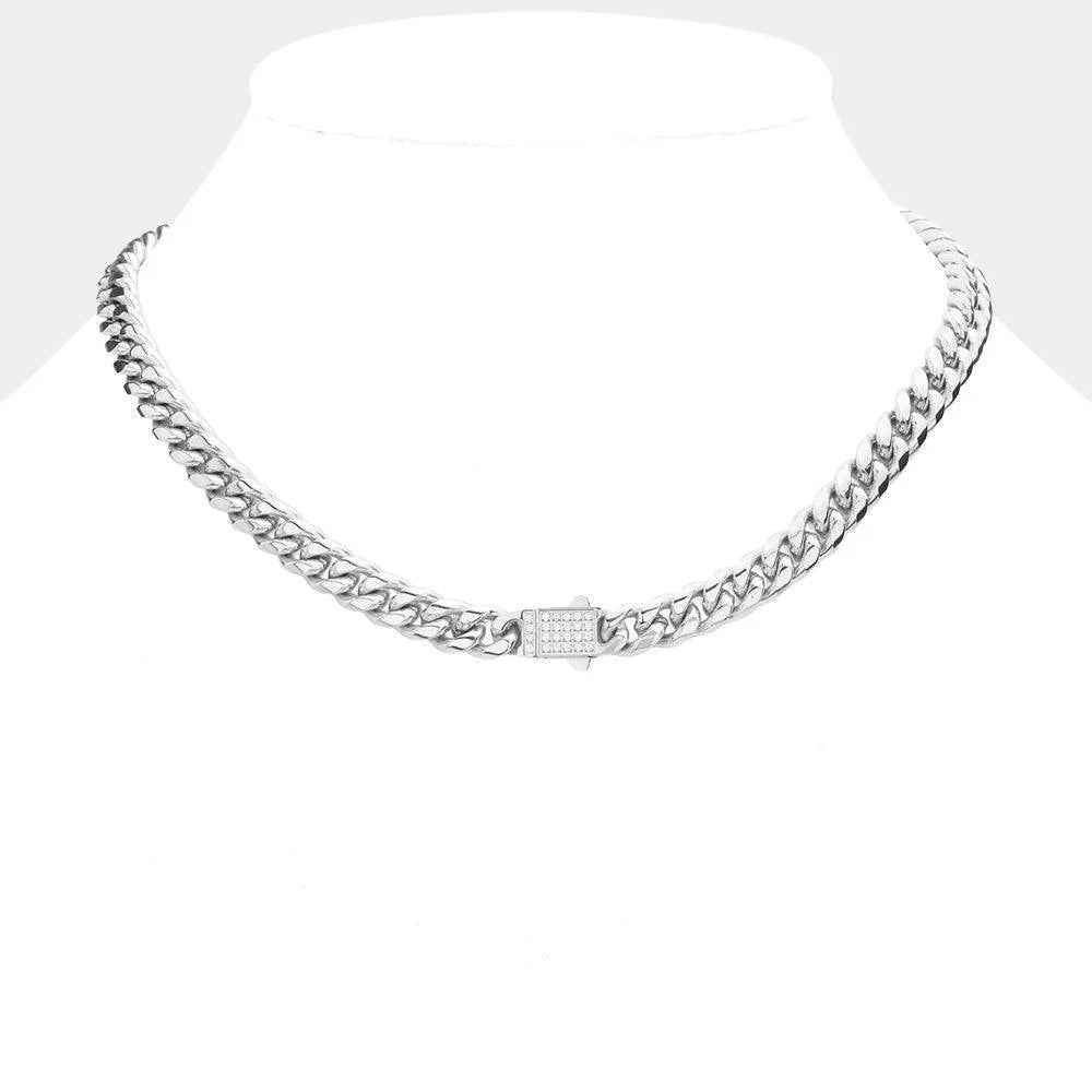 Stainless Steel CZ Embellished Metal Chain Link Necklace - Jewelry Store by Erik Rayo
