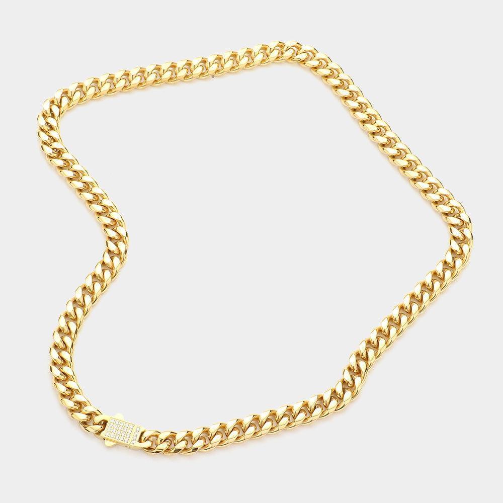 Gold Stainless Steel CZ Embellished Metal Chain Link Necklace - Jewelry Store by Erik Rayo