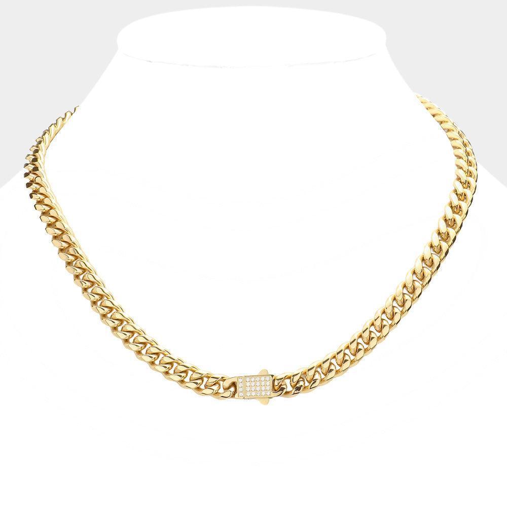 Gold Stainless Steel CZ Embellished Metal Chain Link Necklace - Jewelry Store by Erik Rayo