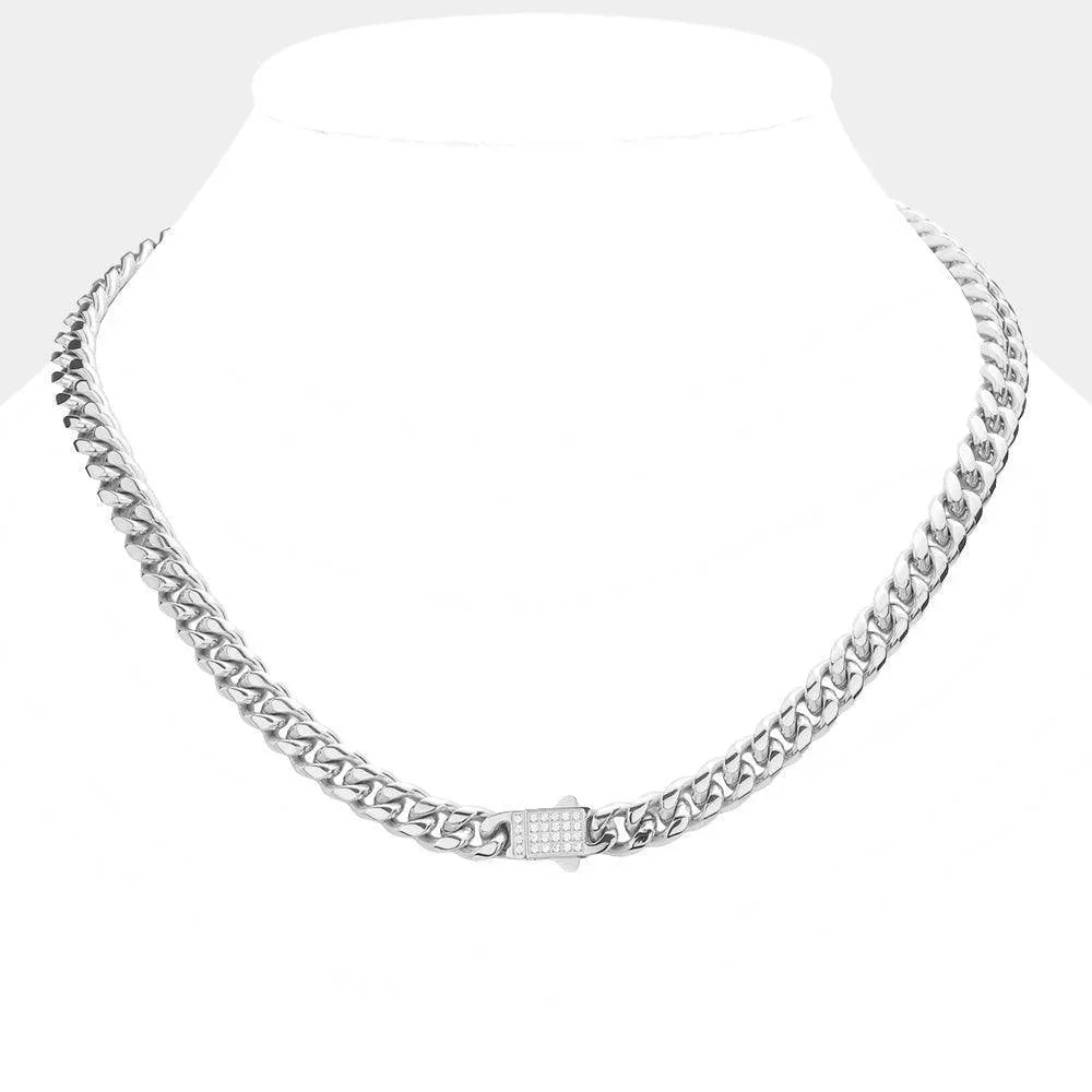 Stainless Steel CZ Embellished Metal Chain Link Necklace - Jewelry Store by Erik Rayo