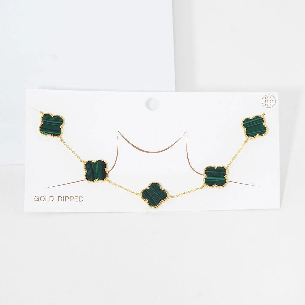 Green Gold Dipped Quatrefoil Pendant Link Necklace