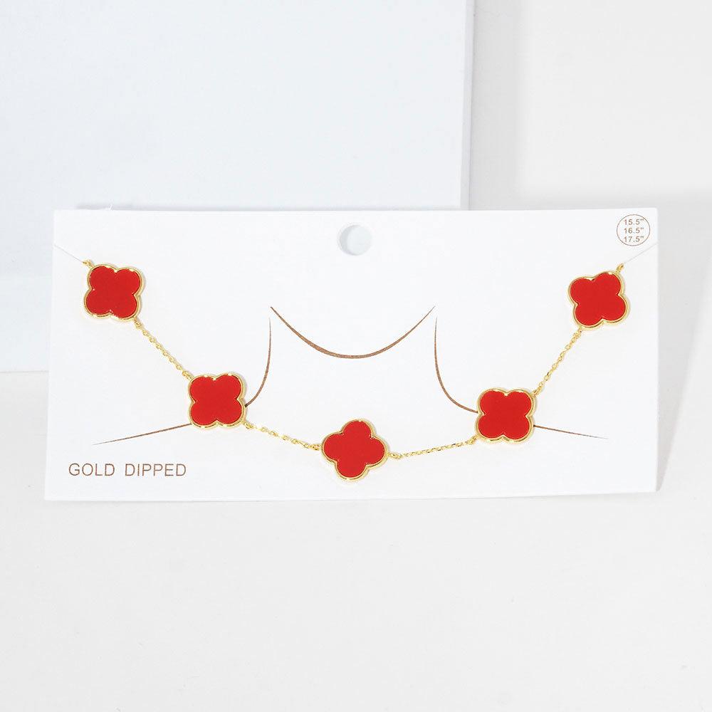 Red Gold Dipped Quatrefoil Pendant Link Necklace