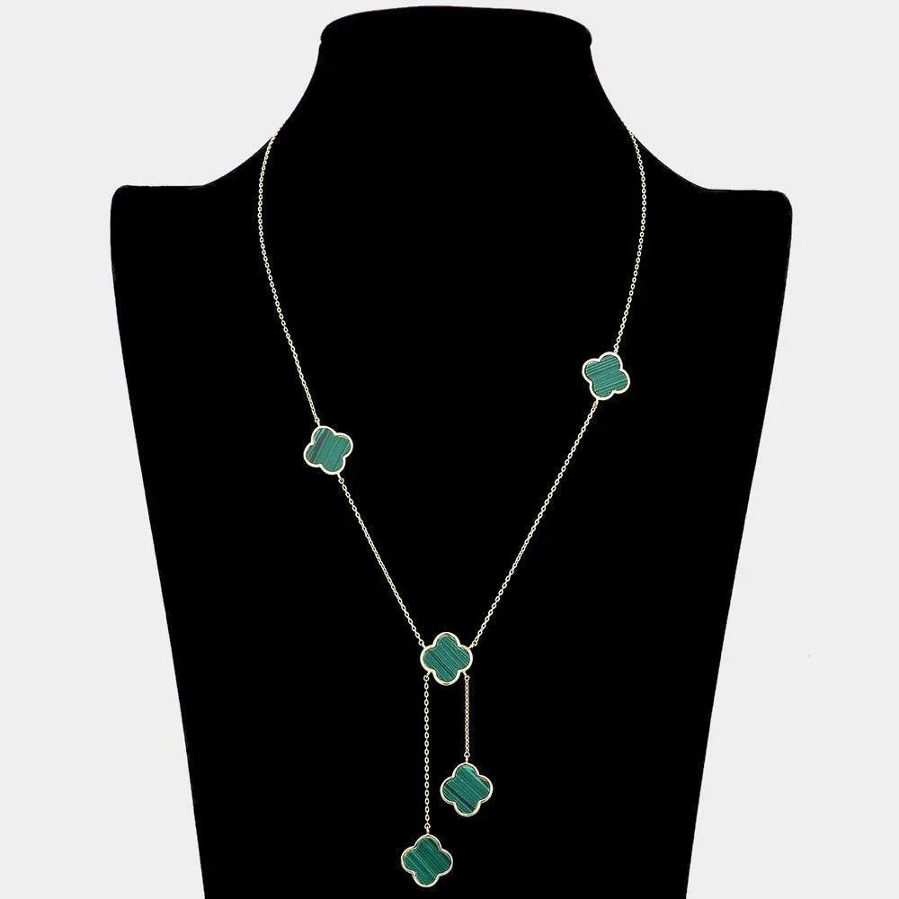 Green Gold Dipped Brass Metal Natural Stone Quatrefoil Station Necklace - Jewelry Store by Erik Rayo