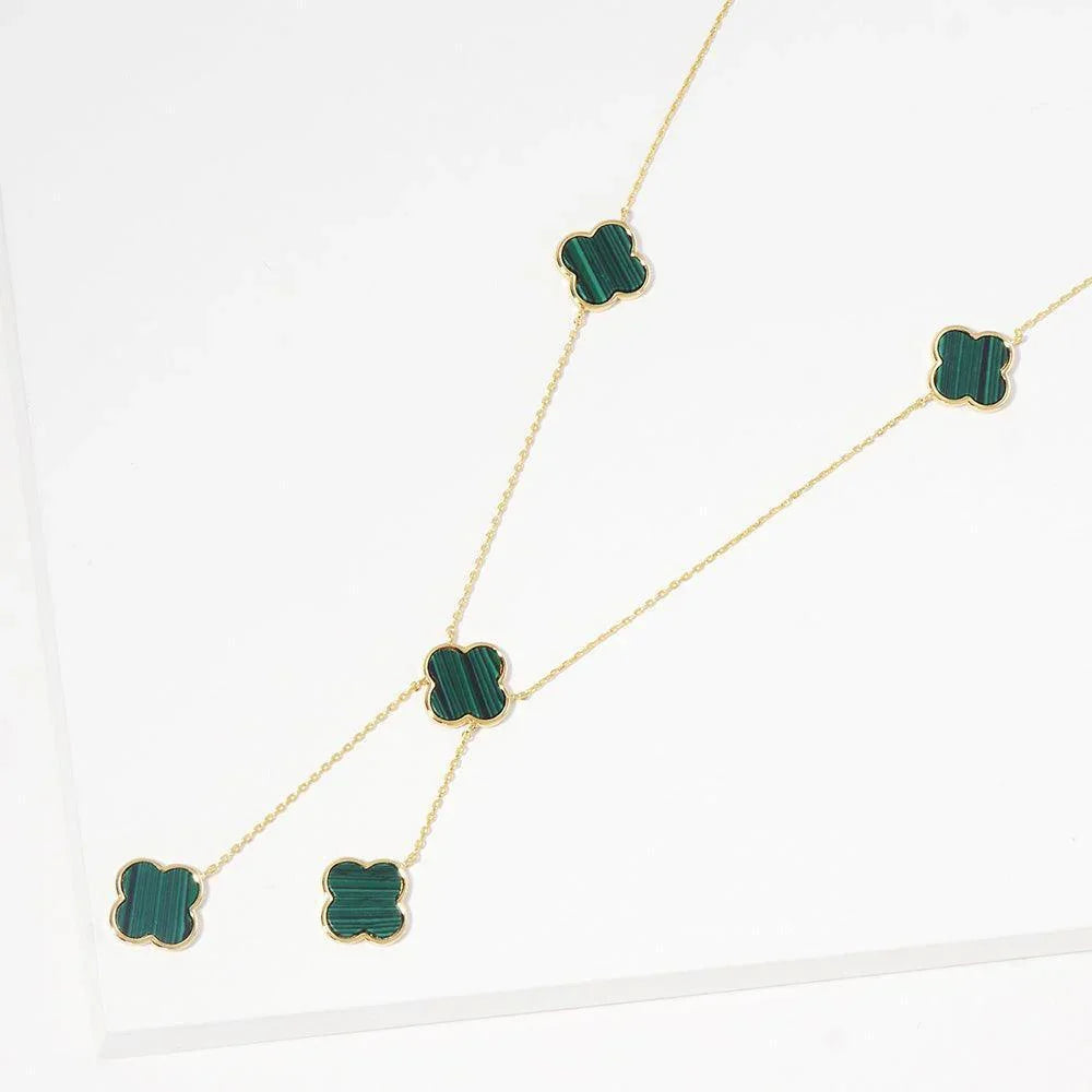 Green Gold Dipped Brass Metal Natural Stone Quatrefoil Station Necklace - Jewelry Store by Erik Rayo