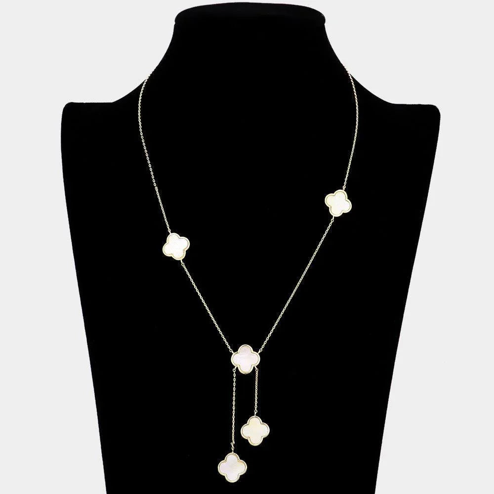 White Gold Dipped Brass Metal Natural Stone Quatrefoil Station Necklace - Jewelry Store by Erik Rayo