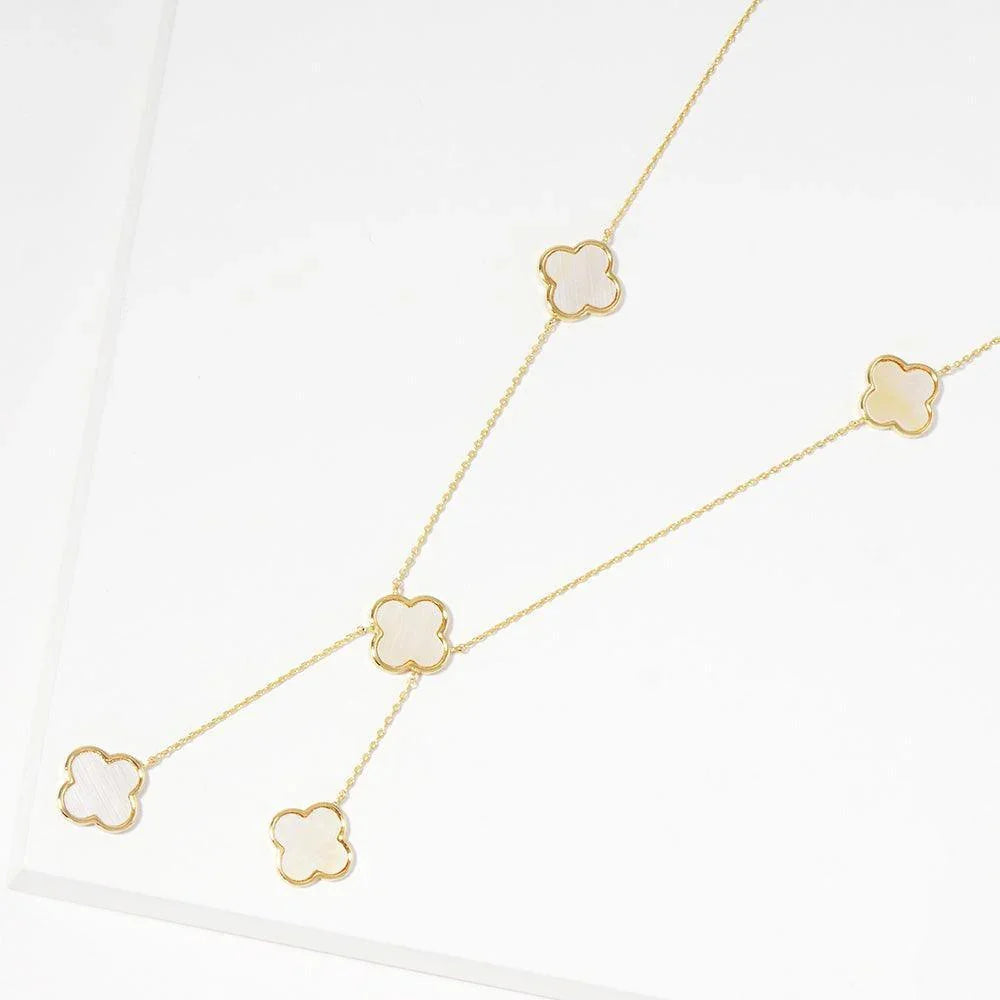 White Gold Dipped Brass Metal Natural Stone Quatrefoil Station Necklace - Jewelry Store by Erik Rayo