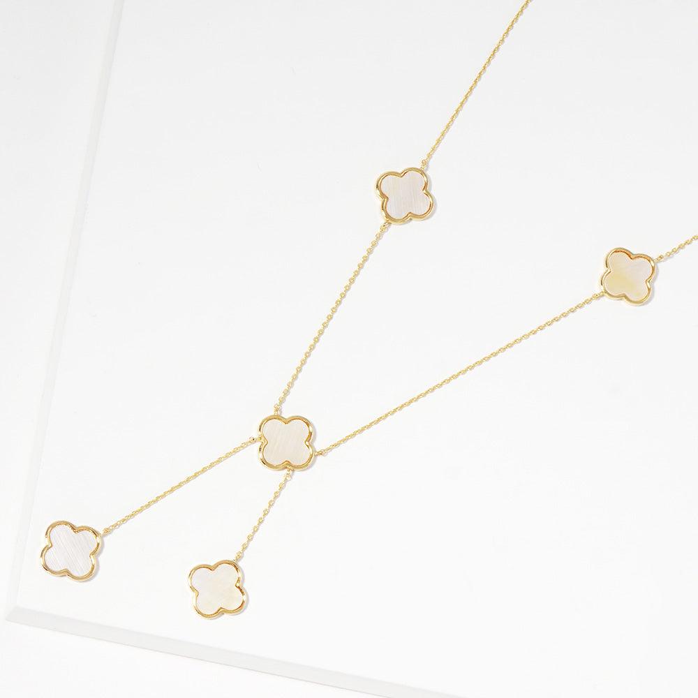 White Gold Dipped Brass Metal Natural Stone Quatrefoil Station Necklace