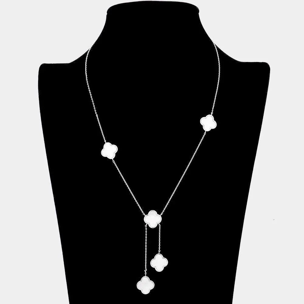 White Gold Dipped Brass Metal Natural Stone Quatrefoil Station Necklace - Jewelry Store by Erik Rayo