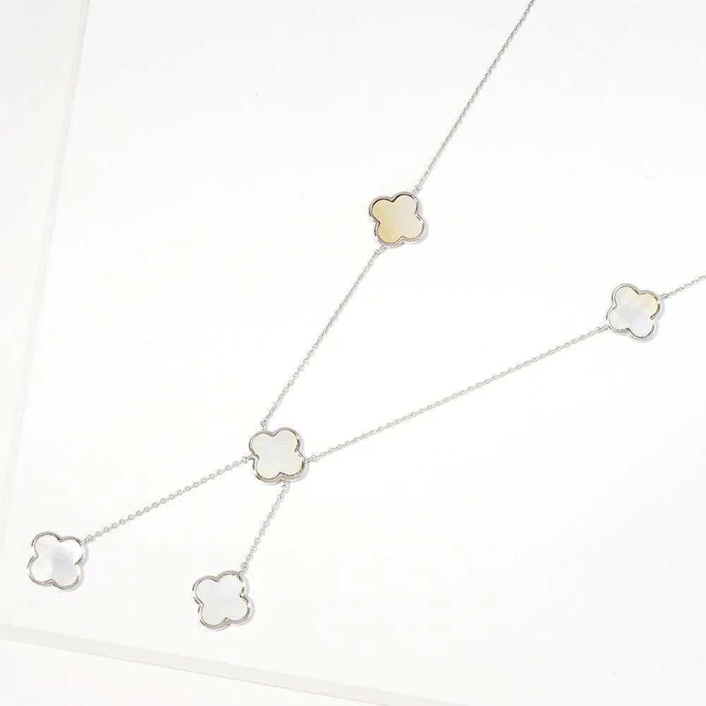 White Gold Dipped Brass Metal Natural Stone Quatrefoil Station Necklace - Jewelry Store by Erik Rayo